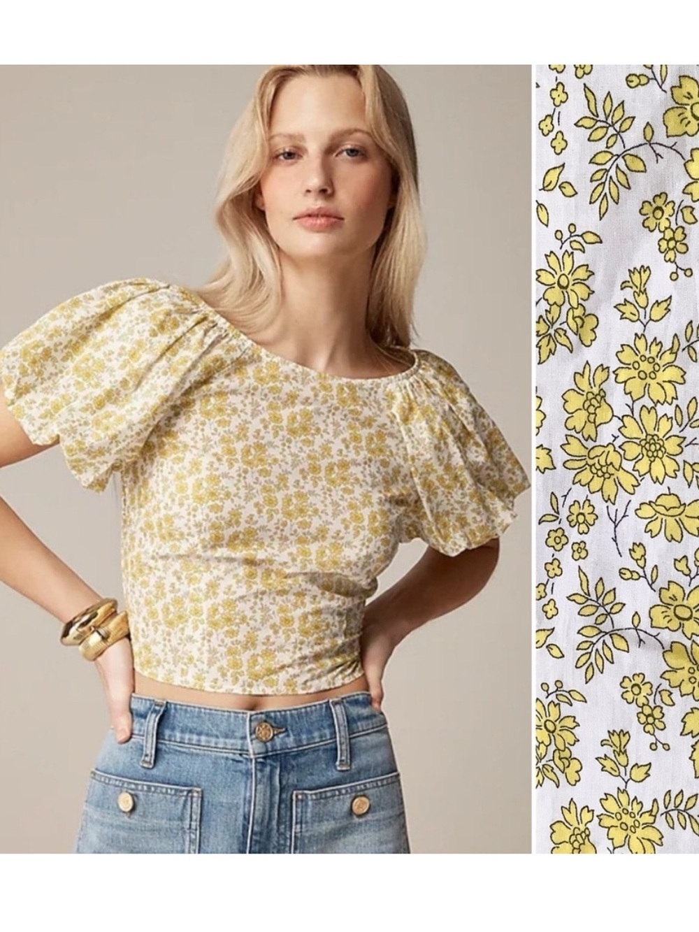 J.Crew Liberty Fabric Puff Sleeve Floral Top Yellow White Size 12 NWT